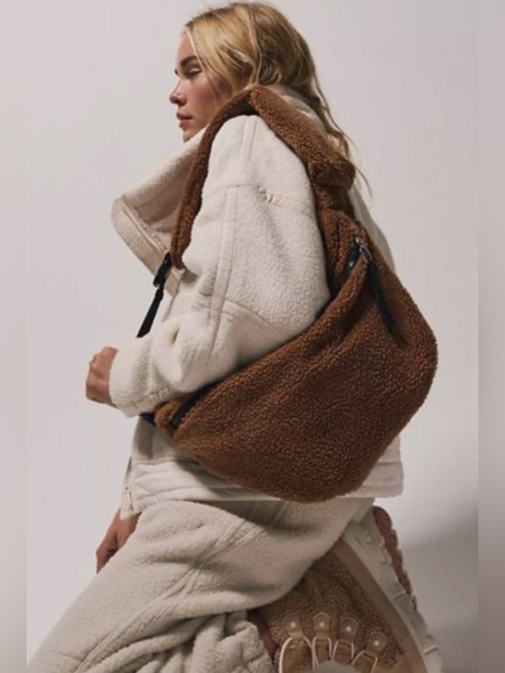Free People Overachiever Sherpa Sling Bag in Coco Teddy